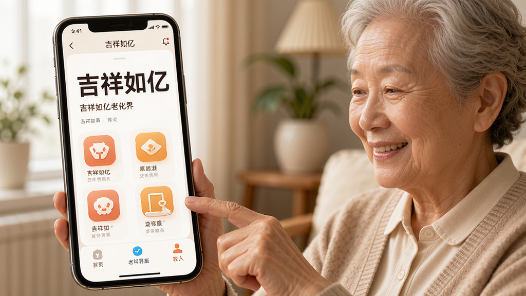 吉祥如亿适老化界面展示图,画面中一部手机显示大字体、大图标的吉祥如亿应用界面,旁边有一位老年用户微笑操作手机的场景,整体色调温暖柔和,风格亲切自然,布局以手机界面为主视觉,人物为辅,细节表现清晰,画质干净,无杂乱背景元素。