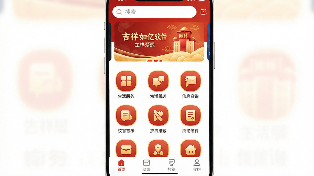 吉祥如亿软件主界面预览图,手机屏幕竖版构图,画面中央展示应用首页布局,顶部为搜索栏与轮播横幅,中部为功能图标矩阵,包含生活服务、信息查询等多个入口,底部为导航菜单。整体风格简洁明快,采用红金配色体现吉祥寓意,图标设计圆润统一,背景干净无杂乱元素,画质清晰,UI界面排版整齐,无多余装饰,适合作为软件介绍展示图。