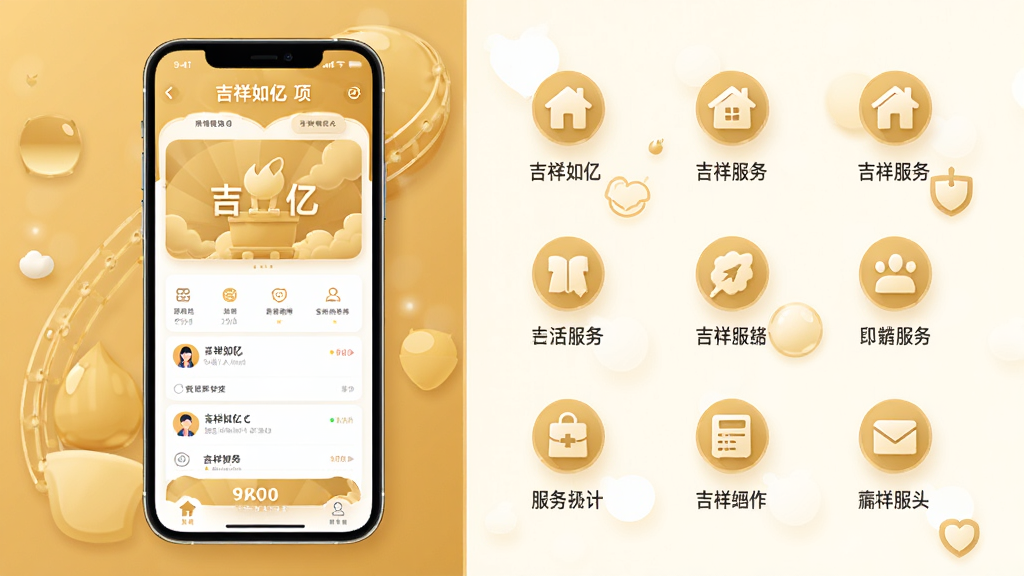 吉祥如亿功能展示图,画面采用横向宽幅构图,左侧展示手机界面中的服务聚合页面,右侧以扁平化图标形式罗列各项生活服务功能,整体配色以暖金色和米白色为主,风格温馨亲民,布局左右呼应,细节干净利落,画质高清,无多余装饰元素,体现吉祥如亿应用的功能丰富性。
