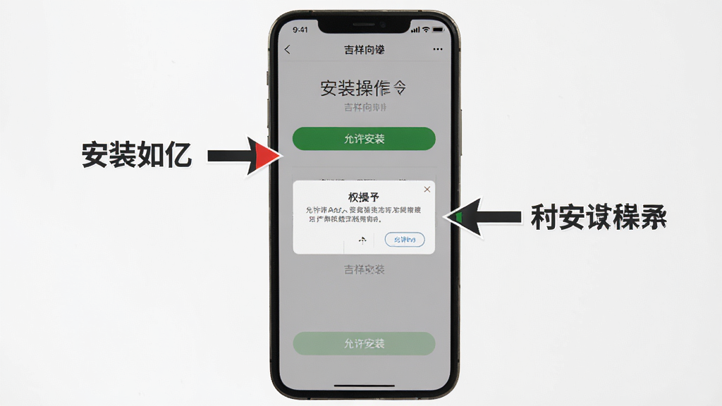 吉祥如亿安装操作示意图,画面以手机屏幕截图形式展示安装向导界面,重点标注“允许安装”按钮和权限授予弹窗,旁边辅以箭头和简洁文字说明,整体风格清晰直观,排版以手机界面为中心,背景干净,画质清晰,无多余元素,帮助用户理解安装流程。
