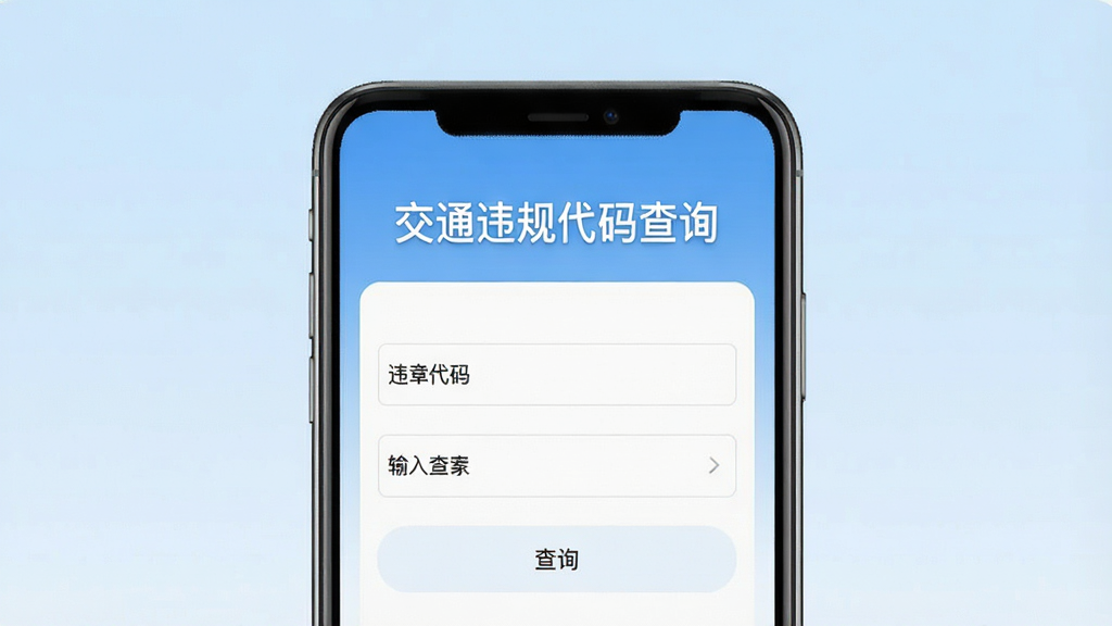交通违规代码查询软件主界面截图,画面中央展示手机屏幕,屏幕内为简洁的违章代码输入查询界面,顶部有软件名称