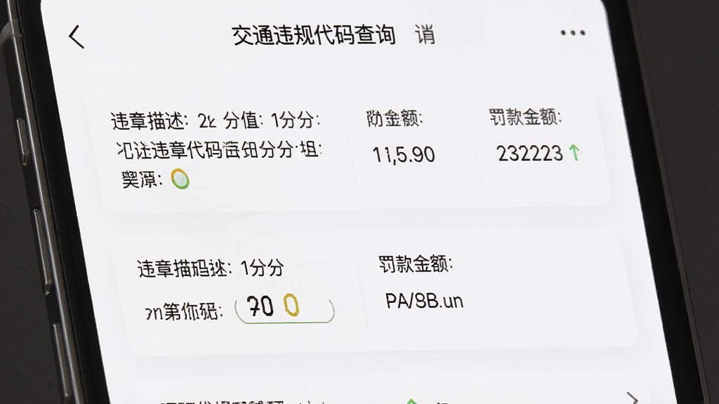 交通违规代码查询软件详情页面截图,画面展示手机屏幕内违章代码详情页,包含违章描述、扣分分值、罚款金额等信息区块,排版整齐,风格清爽素雅,画质清晰,无多余元素