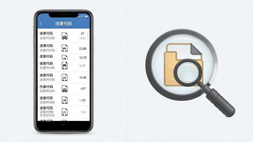 交通违规代码查询软件功能展示图,画面左侧为手机界面显示违章代码列表,右侧为放大镜和文件图标代表查询功能,整体布局左右分栏,风格简洁商务,细节清晰,画质干净,无多余元素