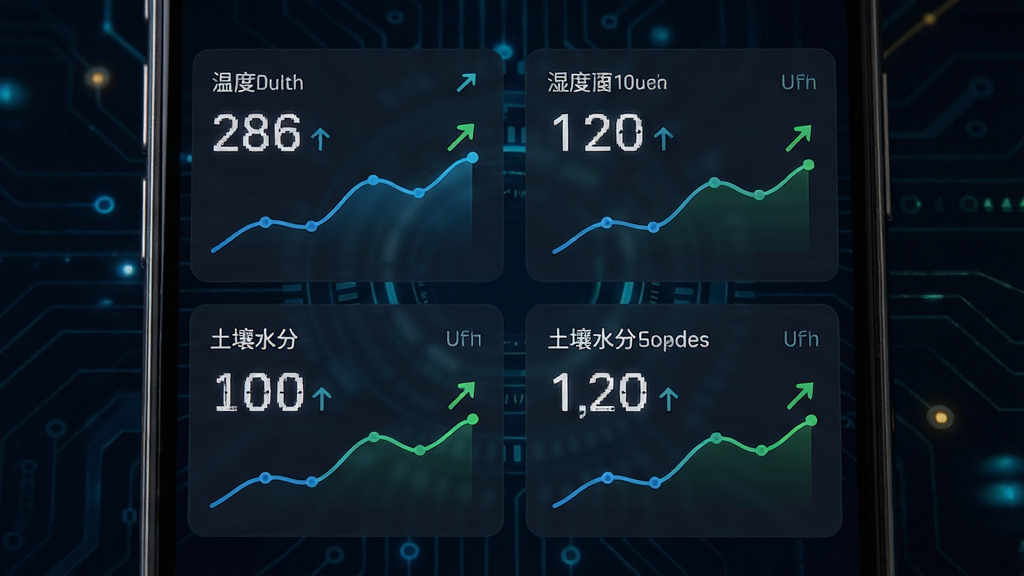 智慧农业环境监测数据面板图。主体为手机屏幕显示温度、湿度、光照、土壤水分四个数据卡片,每个卡片配有折线趋势图。布局为两行两列网格排列,背景为深色科技感底色。排版清晰,风格为数据可视化风格。细节包括数字大字号显示、趋势箭头、单位标注。画质高清,画面干净,无多余元素。