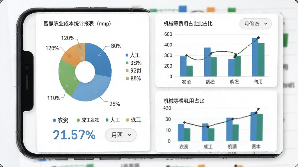 智慧农业成本统计报表图。主体为手机屏幕显示饼状图和柱状图,分别展示农资、人工、机械等费用占比。布局为上下两个图表区域,背景为白色卡片。排版简洁,风格为商务数据风。细节包括图例标注、百分比数字、月份筛选按钮。画质清晰,画面干净,无多余元素。