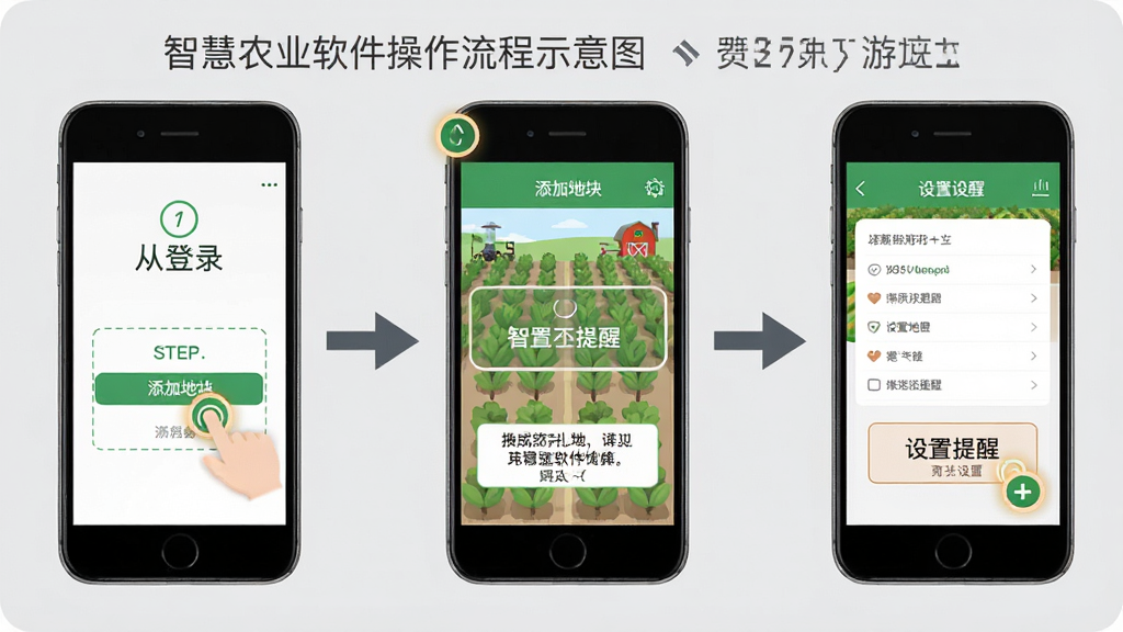 智慧农业软件操作流程示意图。主体为手机屏幕展示从登录到添加地块再到设置提醒的三步操作截图,用箭头连接。布局为横向排列三张手机界面,背景为浅灰色。排版清晰,风格为教程图解风。细节包括步骤编号、手指点击位置高亮、文字说明框。画质高清,画面干净,无多余元素。