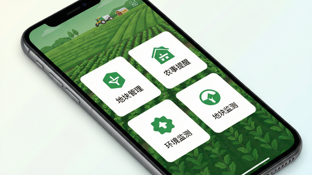 智慧农业软件主界面预览图。主体为一部智能手机,屏幕显示绿色农田背景和清晰的功能卡片布局,包含地块管理、农事提醒、环境监测等图标。布局采用居中展示,背景为干净的浅色渐变。排版整齐有序,风格为现代扁平化科技农业风。细节上屏幕内文字清晰可见,图标线条简洁,整体色调以绿色和白色为主。画质高清,画面干净,无多余元素。