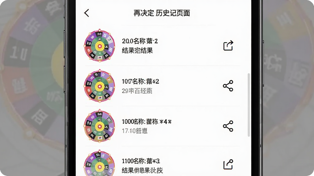 大转盘再决定历史记录页面,手机屏幕中显示按时间排列的结果列表,每条记录包含转盘名称和结果文字,列表右侧有分享图标,背景为白色,界面干净整洁,排版清晰,画质明亮,无多余元素