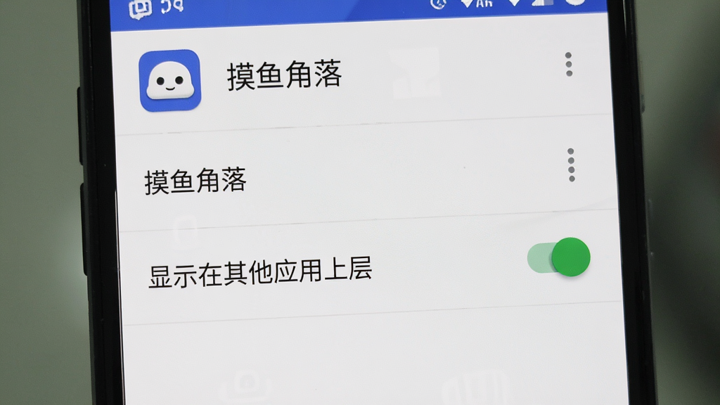 一张展示手机屏幕上安装摸鱼角落时权限设置界面的图片,画面主体是安卓系统的权限管理页面,带有“显示在其他应用上层”的开关选项。布局为竖屏手机界面,排版清晰。风格为真实手机截图风格,细节包括系统图标、开关的绿色高亮。画质清晰,干净,无多余元素,界面顶部有“摸鱼角落”应用名称。