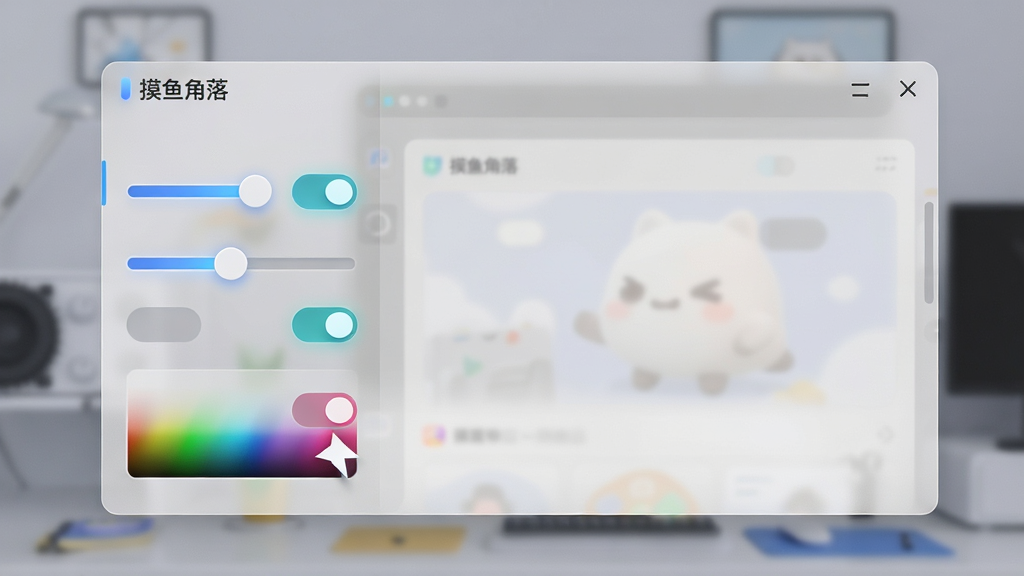 一张展示摸鱼角落设置面板的图片,画面主体是一个半透明的设置窗口,里面有滑块、开关按钮和颜色选择器。布局为侧边栏加主内容区,排版规整。风格为现代简约科技风,细节包括开关的微光效果、滑块的圆润质感。画质清晰,干净,无多余元素,窗口标题栏有“摸鱼角落”文字。