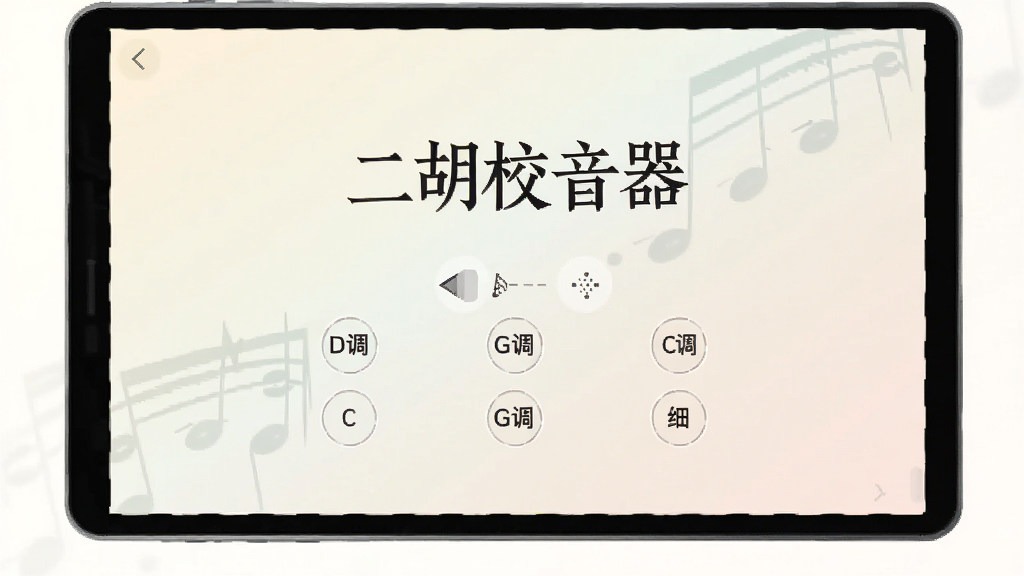 二胡校音器软件界面展示多种调式选择菜单,屏幕中央有“二胡校音器”字样,背景为淡雅的浅色渐变,界面中列出D调、G调、C调等选项,风格清新简约,排版整齐,画质清晰干净