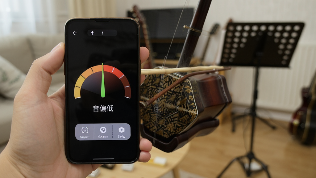 二胡校音器安卓版在手机上的操作示意图,画面中一只手拿着手机对准二胡琴筒,手机屏幕显示校音指针偏左,提示音偏低,背景为居家练习环境,风格写实清晰,画质干净
