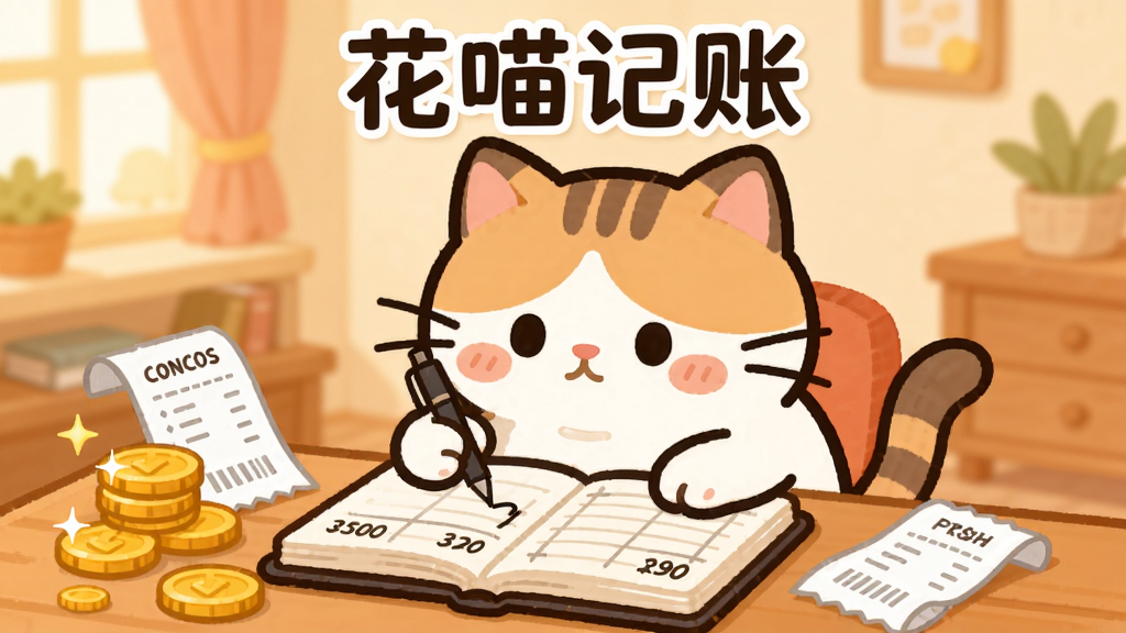 一只可爱的卡通猫咪坐在书桌前,前爪拿着笔在账本上认真记录,账本旁边散落着金币和消费小票,背景是温馨的暖色调房间,整体布局居中,主体突出,风格为扁平化卡通插画,细节包括猫咪的胡须、账本上的数字线条、金币的光泽,画质清晰,干净,无多余元素,图片上方有文字“花喵记账”