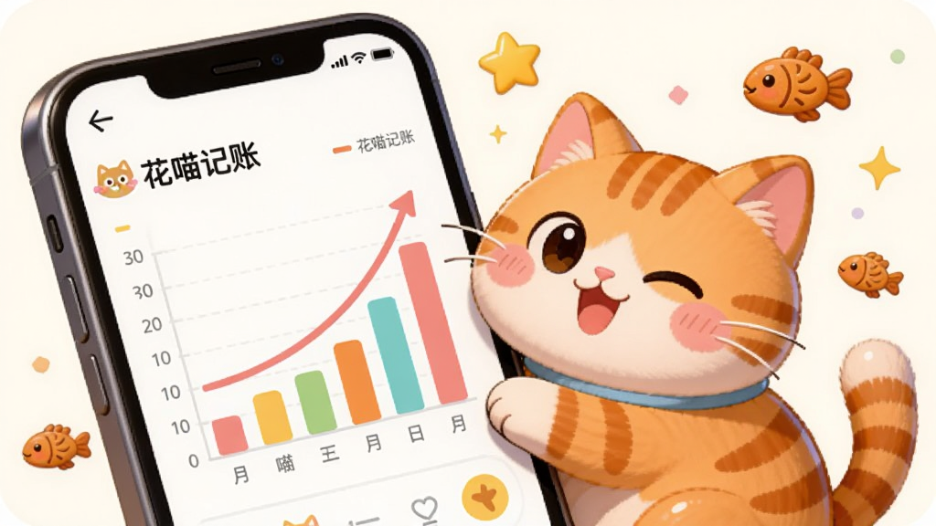 一只橘色卡通猫咪趴在手机屏幕边缘,屏幕内显示花喵记账的月度账单图表,图表呈现上升的曲线,猫咪表情开心,周围漂浮着小鱼干和星星,布局为横向构图,风格为可爱治愈系插画,细节包括猫咪的毛发光泽、图表的柱状颜色、小鱼干的纹理,画质清晰,干净,无多余元素,图表旁文字“花喵记账”