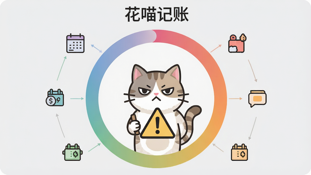 一个圆形预算进度条占据画面中心,进度条内有一只卡通猫咪举着警示牌,进度条外圈环绕着不同消费分类的图标,背景是浅灰色,布局为居中对称,风格为信息图表插画,细节包括进度条的渐变填充、猫咪的严肃表情、分类图标的简约线条,画质清晰,干净,无多余元素,进度条上方文字“花喵记账”