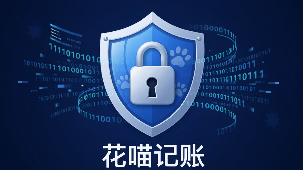 一个带有锁形图标的盾牌立在画面中央,盾牌表面有猫咪爪印图案,盾牌周围环绕着二进制数字流和数据线,背景是深蓝色科技感渐变,布局为居中构图,风格为扁平化安全主题插画,细节包括盾牌的高光、锁孔的金属质感、数字流的动感线条,画质清晰,干净,无多余元素,盾牌下方文字“花喵记账”
