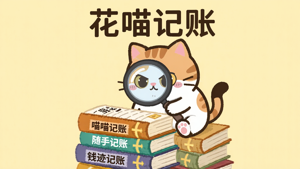 一只卡通猫咪坐在一堆彩色账本上,账本封面分别写着“喵喵记账”“随手记账”“钱迹记账”等字样,猫咪手持放大镜正在查看账本,背景是浅黄色,布局为居中构图,风格为扁平化插画,细节包括账本的厚度纹理、猫咪的专注表情、放大镜的反光,画质清晰,干净,无多余元素,图片顶部文字“花喵记账”
