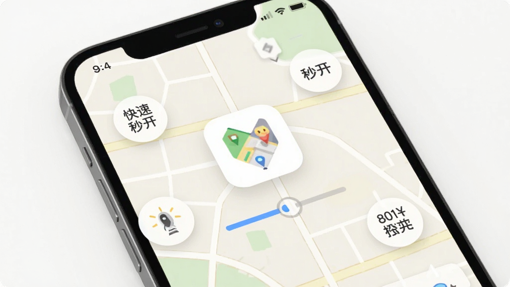 一部手机屏幕显示北导地图导航启动界面,背景为浅色地图纹理,中央有简洁的软件图标和加载进度条,周围环绕着轻量、快速、秒开等视觉符号,风格清新简约,画质高清,干净,无多余元素