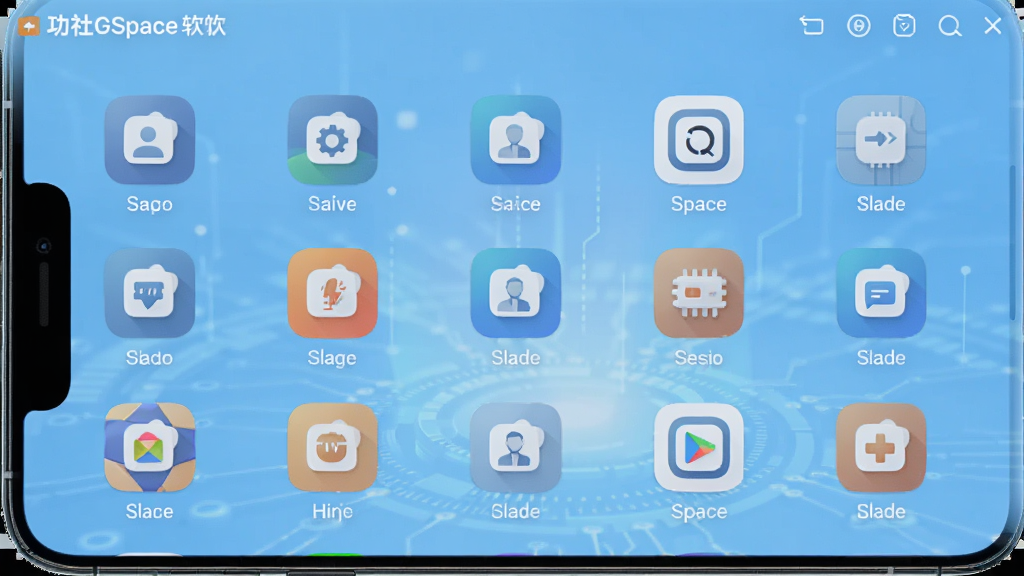 功社GSpace软件主界面,手机屏幕中央展示着多个应用分身图标整齐排列,背景是浅蓝色渐变科技风格,画面干净整洁,高清画质,无多余元素