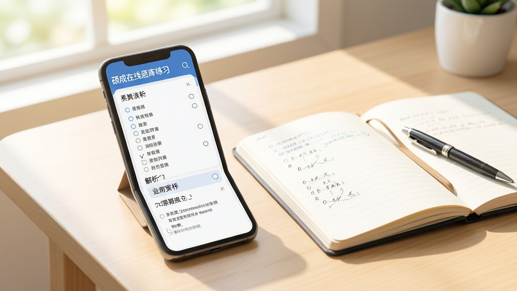 硕成在线题库练习界面,手机屏幕显示选择题与解析,旁边有笔记本和笔,桌面整洁,明亮自然光,扁平插画风格,高清画质,干净无多余元素