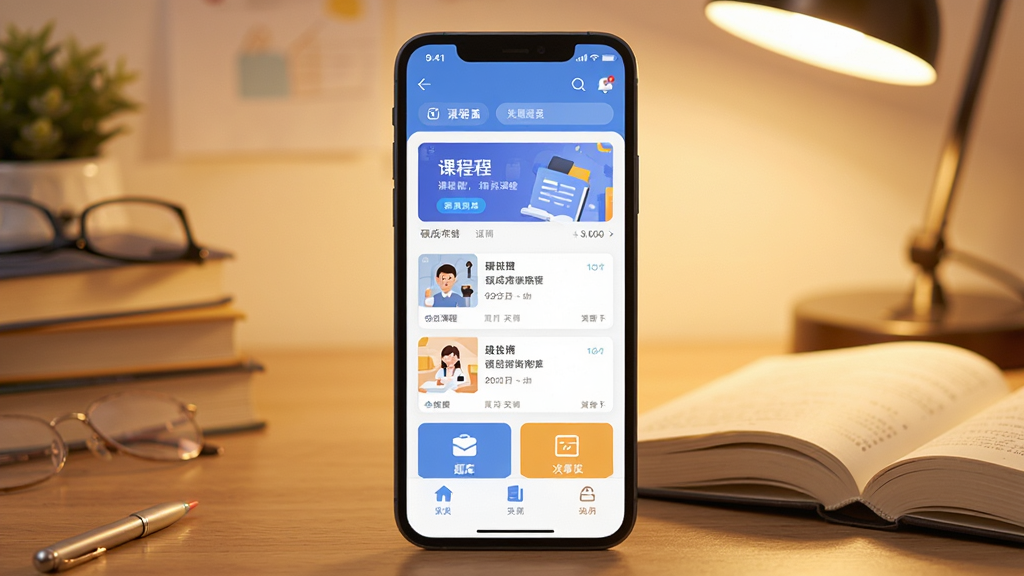 硕成在线APP主界面展示,手机屏幕居中放置,屏幕内显示课程列表与题库入口,背景为书桌与书本,柔和暖光,扁平化UI风格,画面干净整洁,高清画质,无多余元素