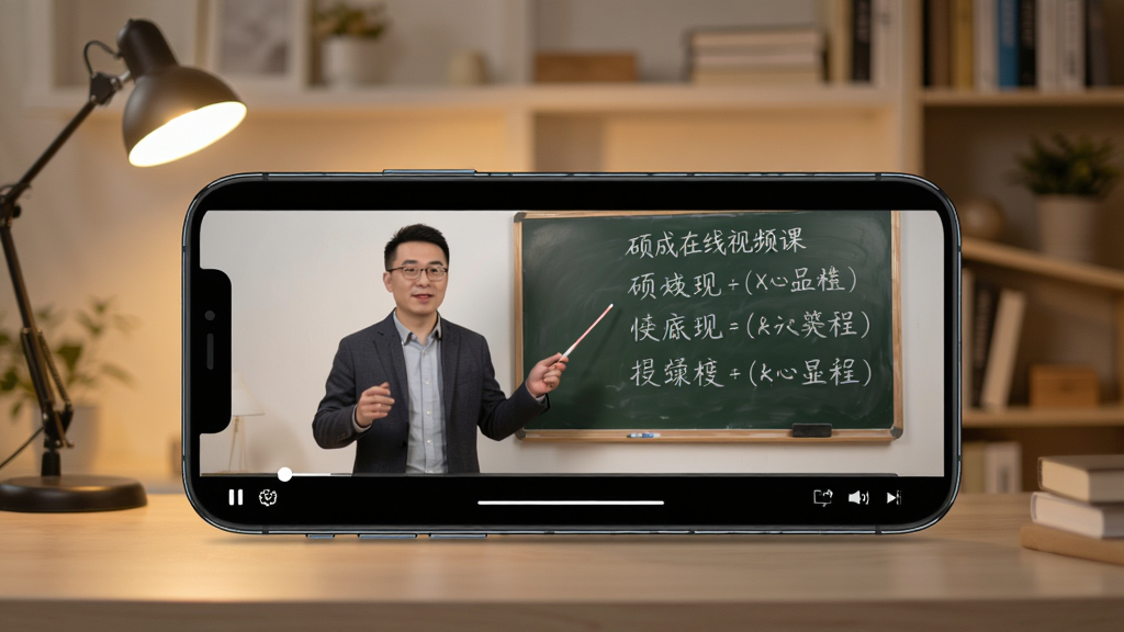 硕成在线视频课程播放界面,手机横屏显示老师讲课画面与板书,背景为书房环境,温暖灯光,简洁现代风格,高清画质,无多余元素