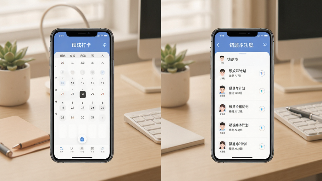 硕成在线学习计划与错题本功能展示,手机屏幕左右分屏显示日历打卡与错题列表,背景为简约办公桌,柔和色调,扁平化设计风格,高清画质,干净利落