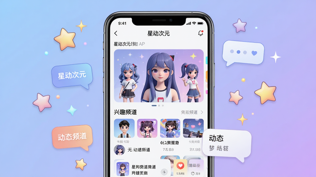 一张展示星动次元应用界面的场景图,画面中央是手机屏幕,屏幕内显示星动次元APP首页,包含虚拟形象展示区、兴趣频道列表和动态互动卡片,背景是柔和的蓝紫色渐变,周围漂浮着动漫风格的星星和对话框元素,整体风格清新活泼,细节丰富,画质清晰,干净无多余元素