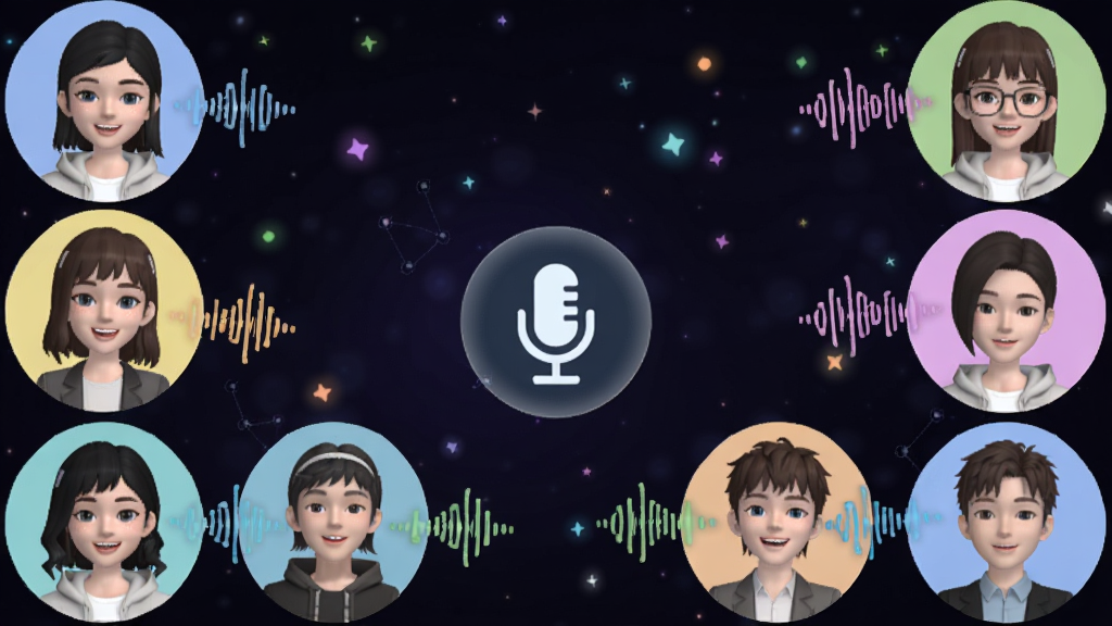 一张展示星动次元语音聊天房间的界面图,画面中有多个虚拟形象头像围绕一个中心麦克风图标排列,每个头像旁有动态声波效果,背景是深色星空风格,点缀着彩色光点,整体氛围热闹友好,画质清晰,干净无多余元素