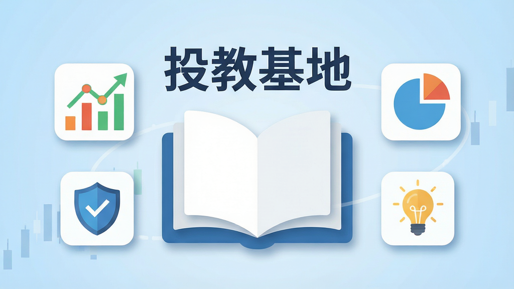 一幅扁平化插画风格的图片,画面中央是一个打开的书本形状的图标,书本上方悬浮着“投教基地”四个中文字,书本周围环绕着股票走势图、基金饼图、盾牌、灯泡等金融知识元素图标,背景为浅蓝色渐变,整体布局左右对称,风格简洁商务,细节包括柔和的投影和圆润的图标边角,画质高清,干净,无多余元素