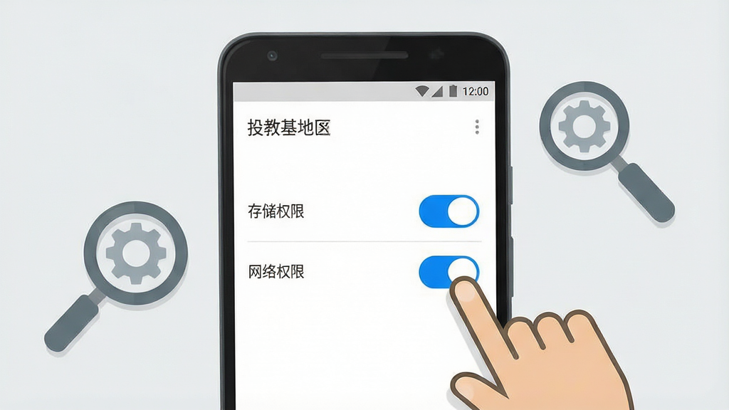 一张手机操作演示图,画面中展示一部安卓手机,屏幕上显示“投教基地”应用的权限设置界面,界面中有存储权限和网络权限的开关按钮,一个手指图标正在点击开启存储权限开关,手机旁边有放大镜和齿轮图标作为装饰,布局简洁明了,风格扁平化设计,细节包括浅灰色背景和蓝色开关按钮,画质高清,干净,无多余元素