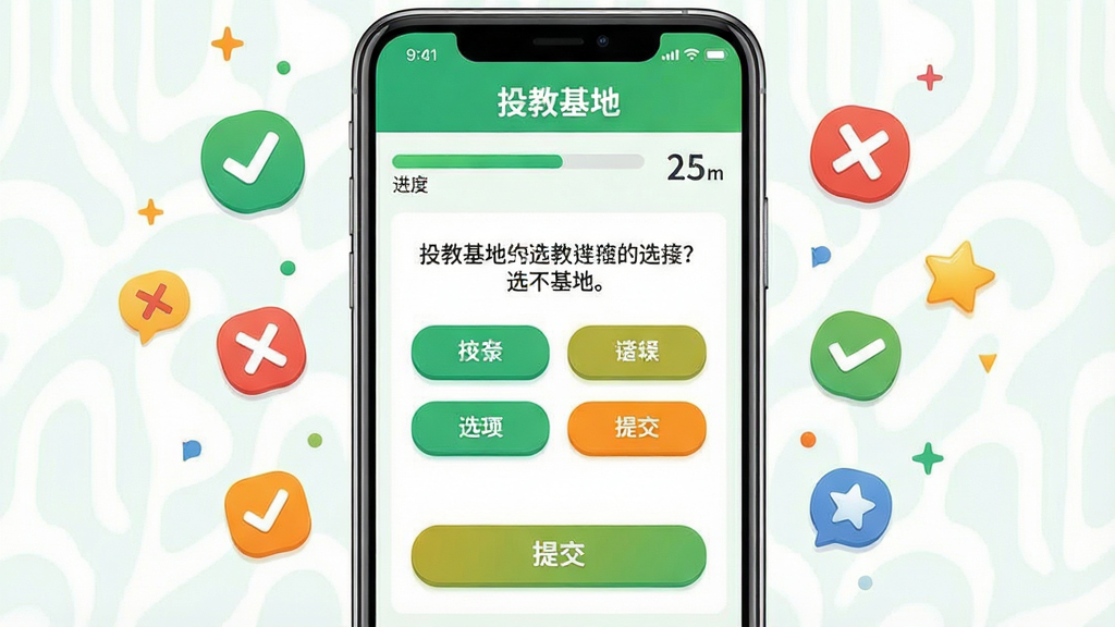 一张信息图表风格的图片,画面主体是一个手机屏幕界面,屏幕中显示“投教基地”答题页面,页面上方有进度条和得分显示,中间是选择题题干和四个选项按钮,下方有提交按钮,手机周围漂浮着对勾、叉号、星星等答题反馈图标,布局采用居中构图,风格清新明快,细节包括绿色和橙色的按钮配色,画质高清,干净,无多余元素
