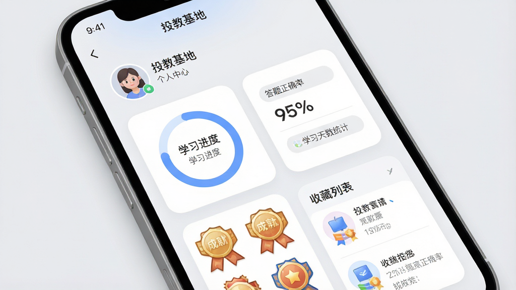 一张UI界面展示图,主体是手机屏幕中的“投教基地”个人中心页面,页面上方有用户头像和昵称,中间是学习进度环形图、答题正确率百分比、学习天数统计卡片,下方是成就徽章墙和收藏列表,布局采用上下结构,风格柔和圆角设计,细节包括浅灰色背景和蓝色主题色点缀,画质高清,干净,无多余元素
