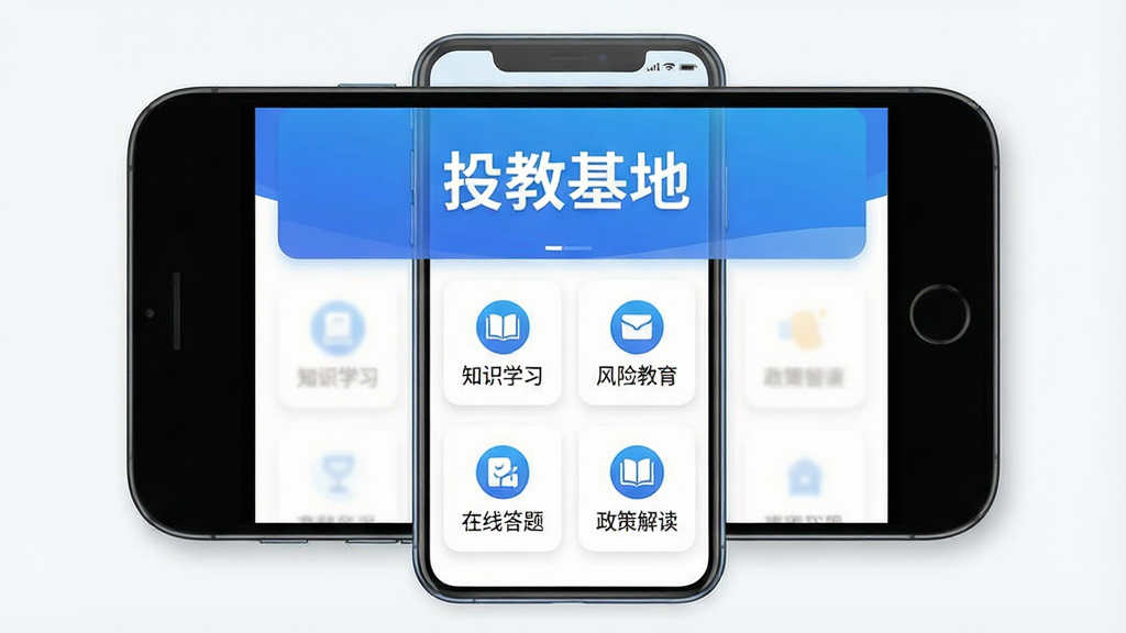 一张手机应用界面截图风格的图片,主体是一部智能手机居中放置,屏幕中展示“投教基地”应用首页,页面顶部有蓝色渐变横幅写着“投教基地”四个白色大字,下方排列着知识学习、风险教育、在线答题、政策解读等功能模块图标,布局清晰整齐,整体风格简洁现代,采用蓝白配色方案,细节包括圆角卡片、柔和阴影和扁平化图标设计,画质高清,干净,无多余元素