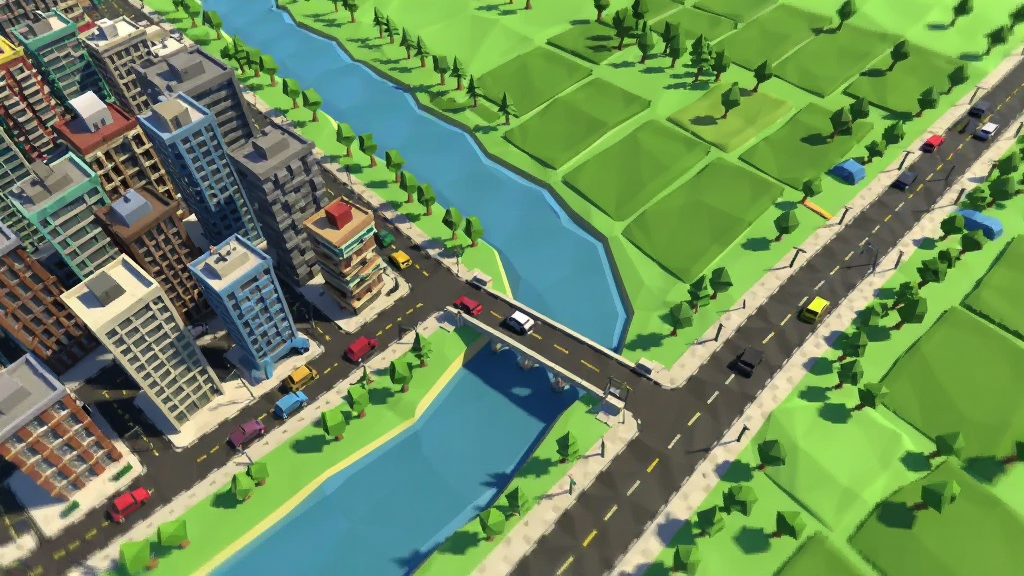 开放世界模拟器大地图俯瞰视角,画面左侧为城市高楼群,右侧为绿色田野与公路,中间有河流穿过,布局采用对角线构图,风格为低多边形3D美术,细节包含行驶中的车辆、桥梁、树木阴影,画质干净明亮,无多余元素
