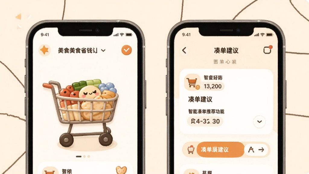 美食外卖省钱订智能凑单推荐功能展示,手机屏幕显示购物车和凑单建议,浅色背景,卡通风格,画面温馨,干净无多余元素