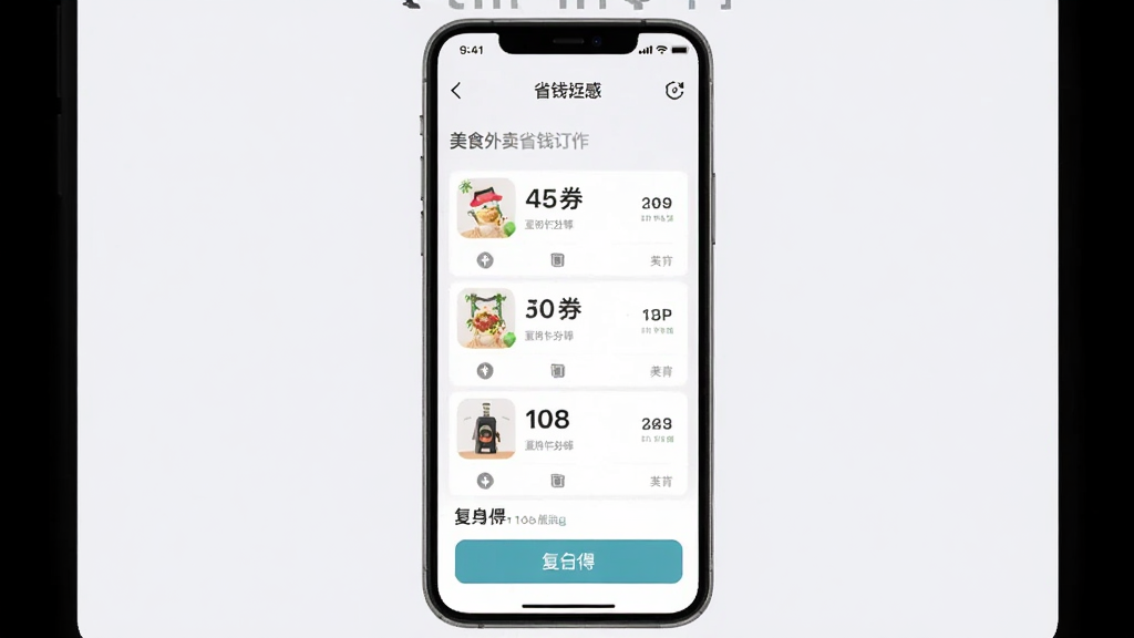 美食外卖省钱订操作界面截图,展示优惠券列表和复制按钮,手机屏幕居中,浅色背景,简洁风格,画面干净,无多余元素