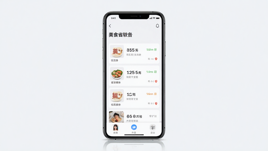 美食外卖省钱订软件主界面截图,展示优惠券列表和外卖平台入口,手机屏幕居中展示,浅色背景,简洁现代风格,画面干净清晰,无多余元素
