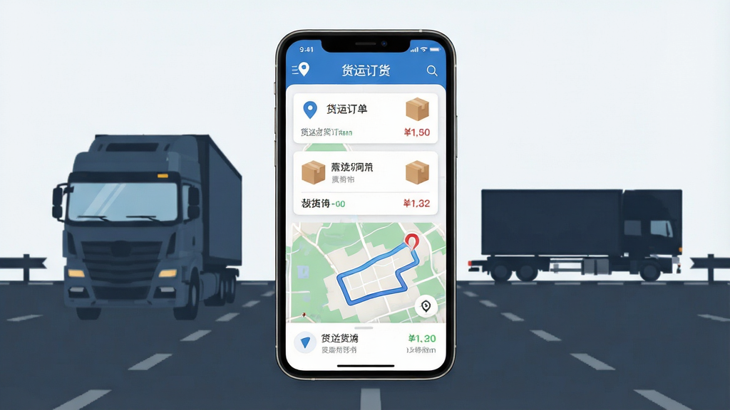 一张展示货车运货车主软件界面的手机样机图,画面中央是一部竖屏智能手机,屏幕上显示货运订单列表与地图路线,背景是高速公路与货车剪影,整体布局简洁清晰,风格为现代科技感扁平化设计,细节包含定位图标、货物卡片、价格标签,画质高清,干净,无多余元素