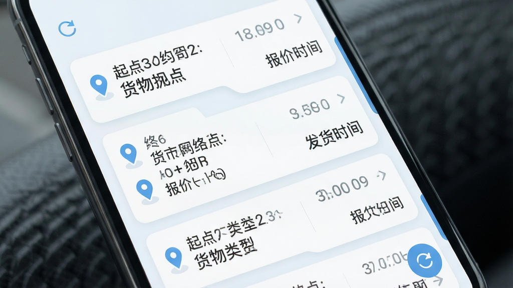 一幅展示货车运货车主货源列表界面的场景图,画面主体为手机屏幕特写,屏幕上排列着多条货运订单卡片,每条卡片包含起点终点、货物类型、报价与发货时间,布局为上下滑动列表,风格为清爽浅色系UI设计,细节有定位小图标与刷新按钮,画质清晰,干净,无多余元素