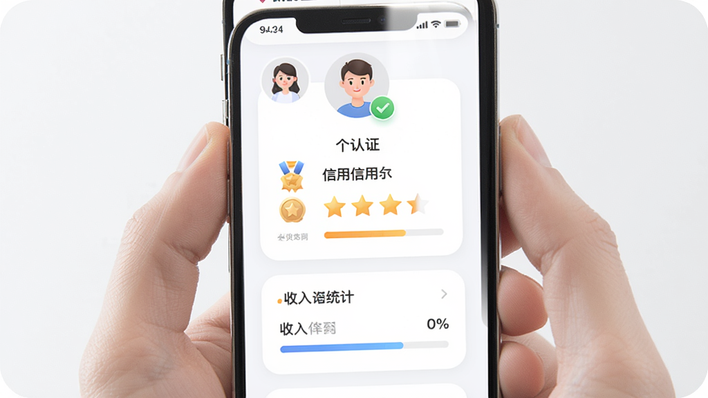 一幅展示货车运货车主个人中心与信用评分界面的手机样机图,画面主体为手持手机,屏幕显示头像、认证标识、信用星级与收入统计卡片,布局为居中纵向排列,风格为柔和圆角卡片设计,细节有勋章图标与进度条,画质高清,干净,无多余元素