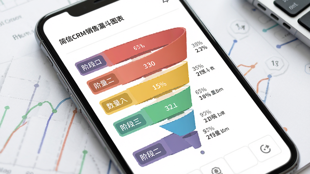 简信CRM销售漏斗图表界面,主体为手机屏幕展示彩色漏斗图形,布局为纵向排列阶段标签,排版清晰,风格为数据可视化商务风,细节包括阶段名称、数量统计、百分比标注,画质高清干净无多余元素