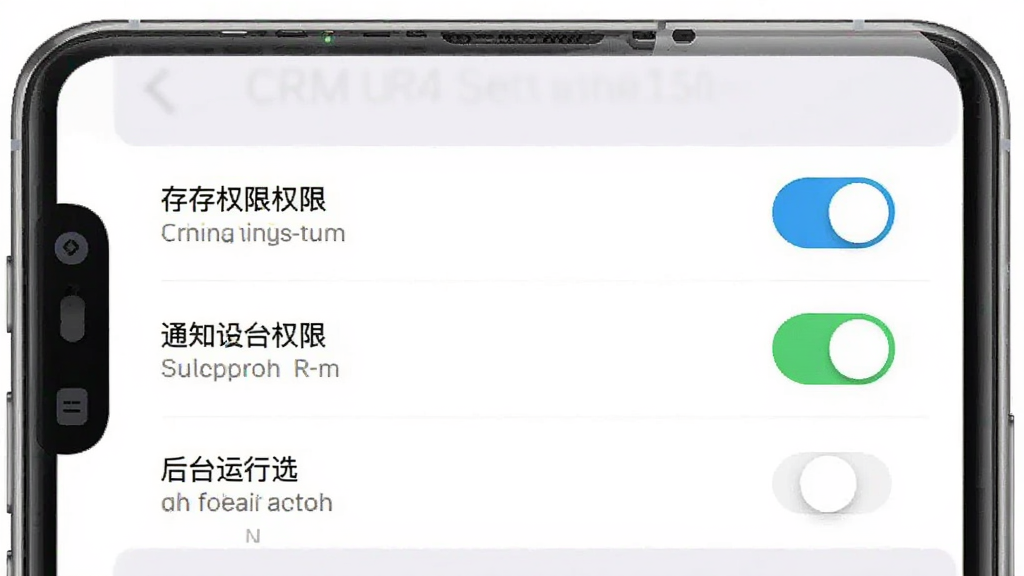简信CRM安装权限设置示意图,主体为手机屏幕显示权限管理界面,布局为列表排列,排版清晰,风格为系统设置界面截图风格,细节包括存储权限开关、通知权限开关、后台运行选项,画质清晰干净无多余元素