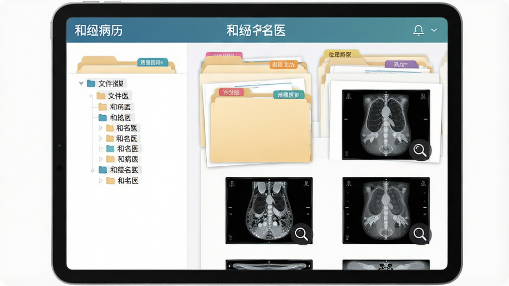 主体是一个平板电脑屏幕,屏幕上展示着分层排列的病历文件夹、检验报告单和医学影像缩略图,布局采用左右分栏设计,左侧为文件目录树,右侧为预览区域,排版清晰,风格为现代简约医疗风,细节上文件夹带有彩色标签分类,影像缩略图有放大镜图标,画质高清,画面干净,无多余元素,屏幕顶部显示