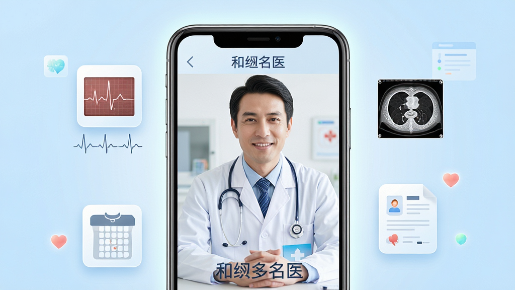 主体是一个智能手机屏幕,屏幕上显示着一位穿着白大褂的医生正在通过视频与患者交流的画面,布局采用居中构图,手机两侧环绕着心电图、CT影像和病历文档的图标,排版简洁有序,风格为现代医疗科技感,细节上手机边框有柔和的光晕,背景是干净的浅蓝色渐变,画质高清,画面干净,无多余元素,屏幕上显示文字