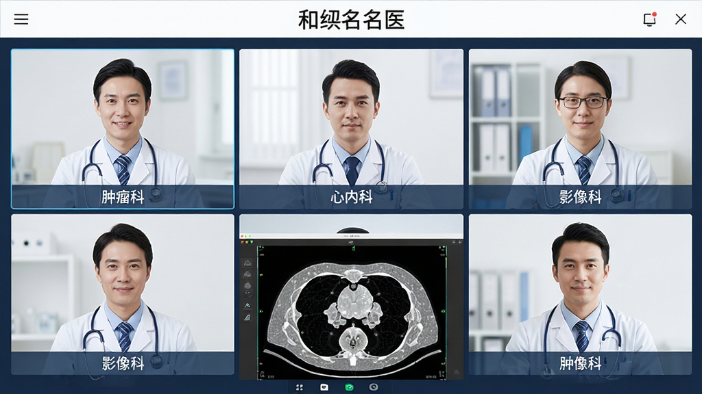 画面中央是一个虚拟的会诊室界面,布局为六宫格视频窗口,每个窗口显示一位不同科室的医生头像,排版整齐对称,风格为专业医疗商务风,细节上每个视频窗口下方标注科室名称如