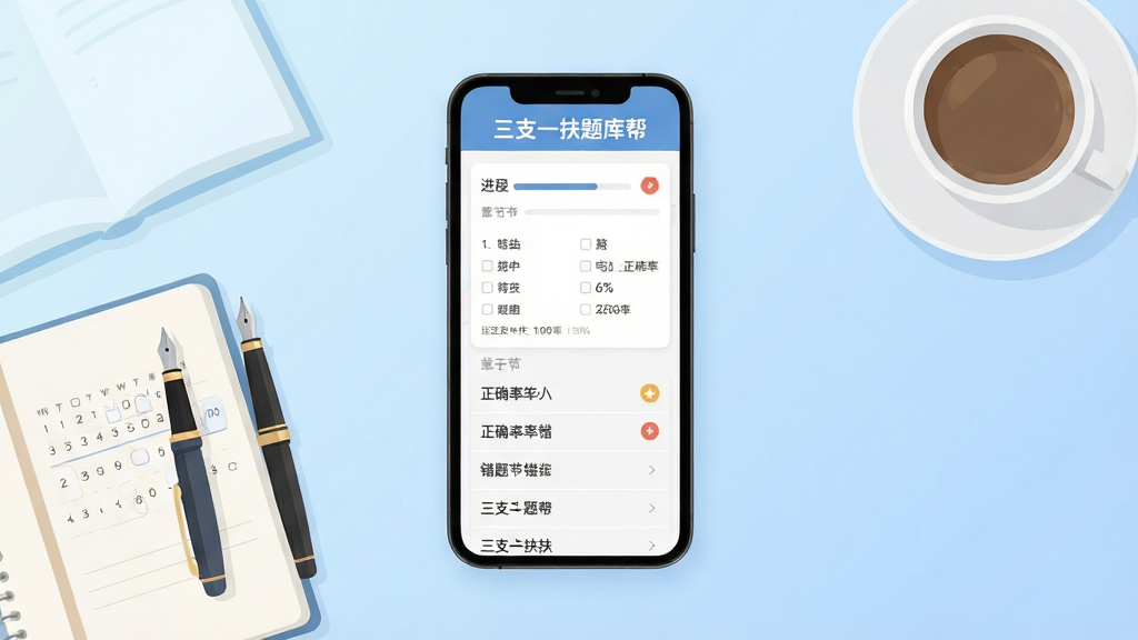 三支一扶题库帮软件主界面全貌展示,画面中央放置一部智能手机,手机屏幕显示题库练习页面,页面顶部标注“三支一扶题库帮”文字,屏幕内呈现选择题答题卡、进度条和章节列表。背景为浅蓝色渐变学习场景,桌面摆放笔记本、钢笔和咖啡杯。布局采用居中构图,手机为主体,四周留白干净。风格为扁平化插画,细节包含题目序号、正确率百分比、错题标记图标。画质高清,色彩柔和,整体干净无多余元素。
