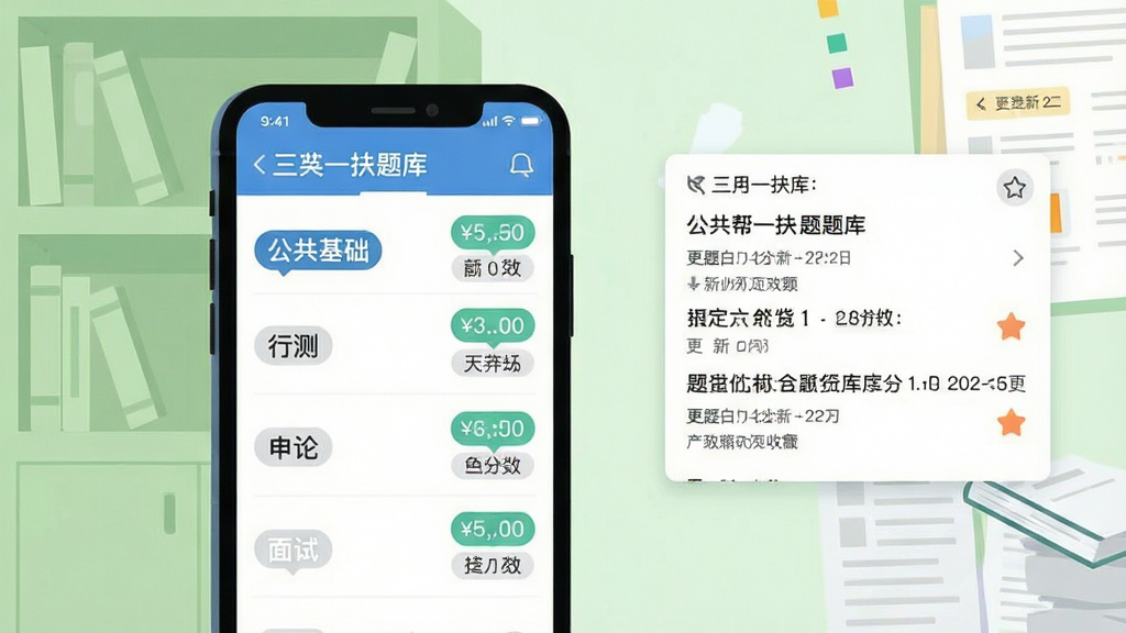 三支一扶题库帮海量题库界面展示,画面中央为手机屏幕,屏幕内显示题库分类列表,包括“公共基础”“行测”“申论”“面试”等标签,题目数量以数字气泡呈现。背景为淡绿色书架与试卷堆叠场景,布局采用三分法,手机位于中心偏左,右侧浮窗展示题目预览。风格为清新扁平插画,细节包含题目标签、更新日期、收藏图标。画质清晰,色彩明快,干净无多余元素。