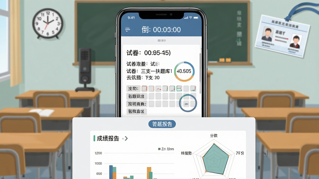 三支一扶题库帮模拟考试界面,画面中央为手机屏幕,屏幕内显示倒计时、试卷题目和答题卡。背景为考场场景,课桌、时钟和准考证元素点缀。布局采用上下结构,上方手机屏幕,下方为成绩报告图表。风格为写实扁平混合,细节包含计时器、分数数字、雷达图。画质清晰,色彩沉稳,干净无多余元素。