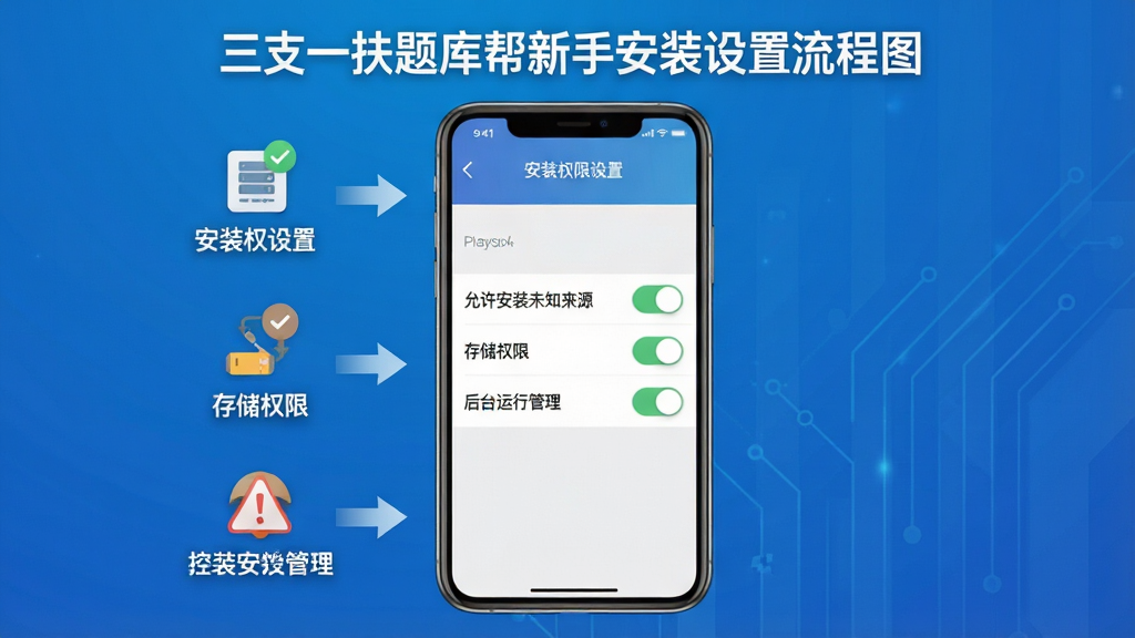 三支一扶题库帮新手安装设置流程图,画面中央为手机屏幕展示安装权限设置界面,屏幕内包含“允许安装未知来源”“存储权限”“后台运行管理”等选项开关。背景为简洁的科技蓝渐变,布局采用从上到下步骤式排列,每一步配有图标和文字标签。风格为扁平化信息图,细节包含箭头引导、勾选标记、警告图标。画质清晰,干净无多余元素。